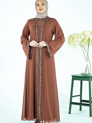 Taba Yakası Yapışkan Taşlı Şifon Yelekli Abaya Taba Yakası Yapışkan Taşlı Şifon Yelekli Abaya