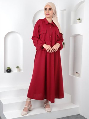 Bordo Gömlek Yaka Etekli Takım Bordo Gömlek Yaka Etekli Takım