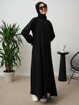 Siyah Mevlana Fermuarlı Cepli Ferace