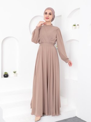 Krem Çapraz Şifon Abiye Elbise