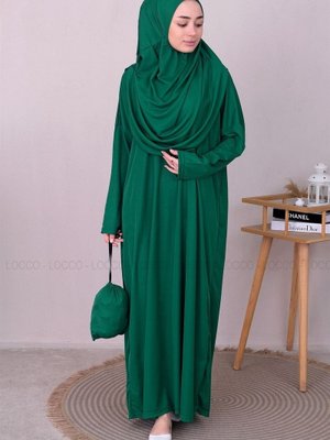 Cantalı Tek Parca Namaz Elbısesı Zumrut Yesıl