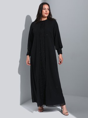 Siyah Büyük Beden Pul Detaylı Abiye Elbise