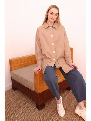Bej Asimetrik Cep Detaylı Ceket