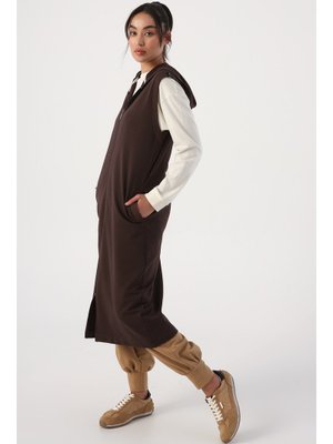 Acı Kahve Omuz Şeritli Fermuarlı Yelek