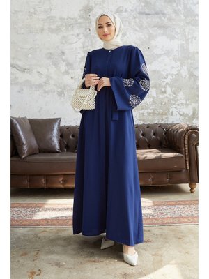 İndigo Liva Kolları Taşlı Abaya