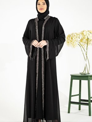Siyah Yakası Yapışkan Taşlı Şifon Yelekli Abaya Siyah Yakası Yapışkan Taşlı Şifon Yelekli Abaya