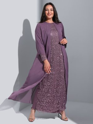 Koyu Lila Büyük Beden Pul Detaylı Abiye Elbise