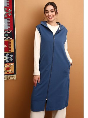 İndigo Omuz Şeritli Fermuarlı Yelek