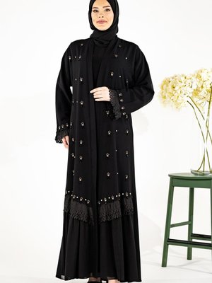 Siyah Taş Süslemeli Şifon Detaylı Tsettür Abaya Siyah Taş Süslemeli Şifon Detaylı Tsettür Abaya