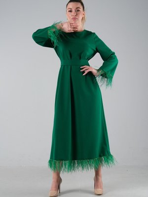 Zümrüt Uzun Kol Tüy Detaylı Abiye Elbise Zümrüt Uzun Kol Tüy Detaylı Abiye Elbise