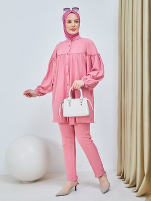 Gül Kollar Lastikli Göğüs Büzgülü Tunik & Pantolon İkili Takım