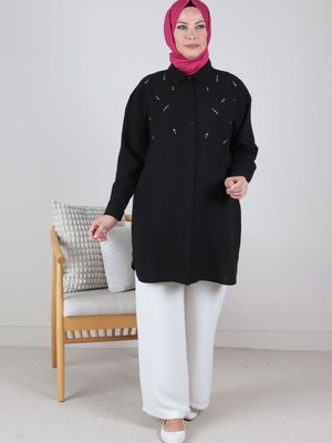 Siyah Büyük Beden Taş İşlemeli Keten Aerobin Tunik