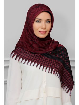Bordo Pratik Hazır Geçmeli Eşarp Kesik Elyaf Piliseli Puantiyeli Desenli