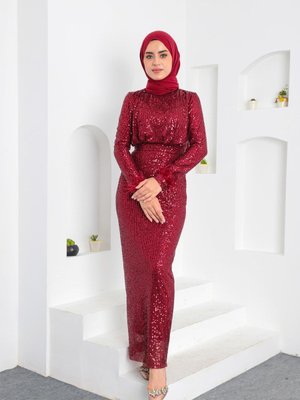 Bordo Miyana Kol Tüylü Abiye Elbise Bordo Miyana Kol Tüylü Abiye Elbise