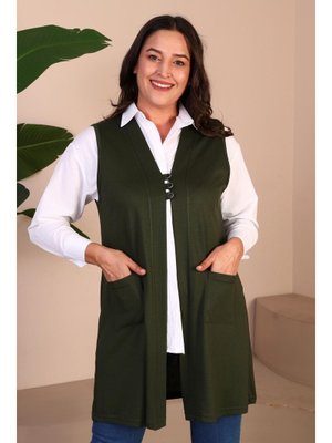 Haki Kadin Buyuk Beden Tesettur Düğmeli Ve Cepli Esnek Yelek
