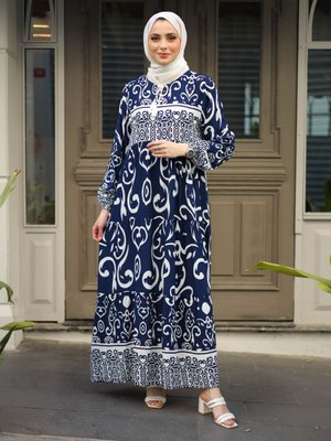 Lacivert Desenli Elbise