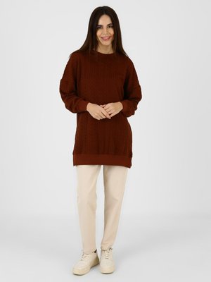 Kahverengi Yanları Yırtmaç Detaylı Uzun Sweatshirt