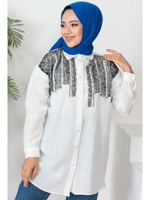 Beyaz Pul Payet Keten Gömlek