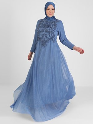 İndigo Nakış Ve Taş İşlemeli Simli Abiye Elbise