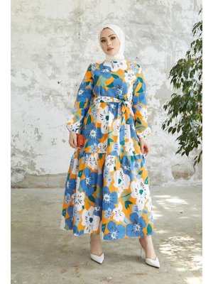 İndigo Çiçek Desenli Elbise