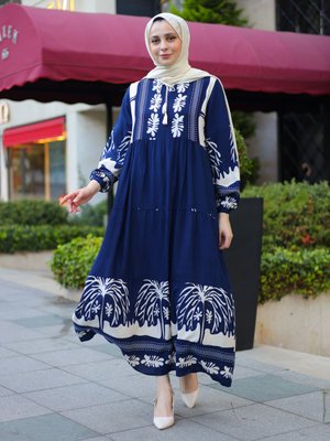 Desenli Elbise Dark İndigo