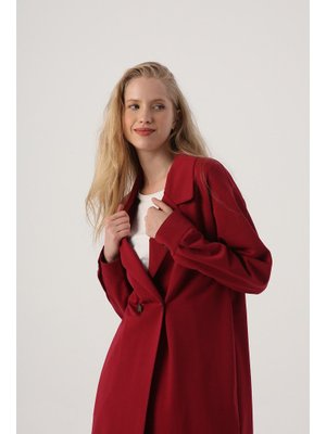 Koyu Bordo Düğmeli Rahat Kalıp Örme Ceket