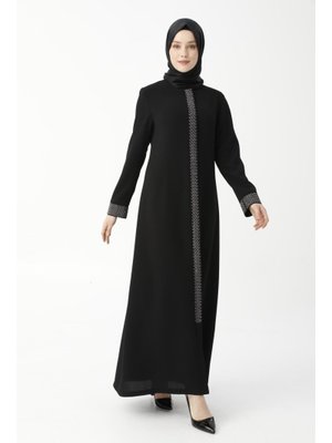 Siyah Balıksırtı Taşlı Nakışlı Anne Ferace