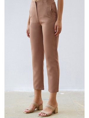 Sütlü Kahve Yüksek Bel Pensli Duble Kumaş Pantolon