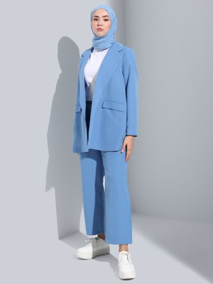 Derin Mavi Pile Detaylı Klasik Kumaş Pantolon