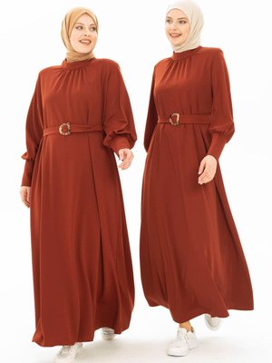 Kiremit Diagonal Desenli Kışlık Elbise