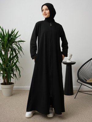 Siyah Fermuarlı Cepli Ferace
