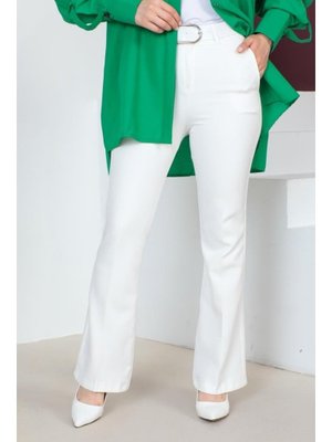 Beyaz Kemerli Kumaş Pantolon