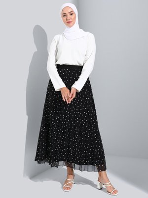 Ekru Puantiye Desenli Beli Lastikli Piliseli Şifon Etek