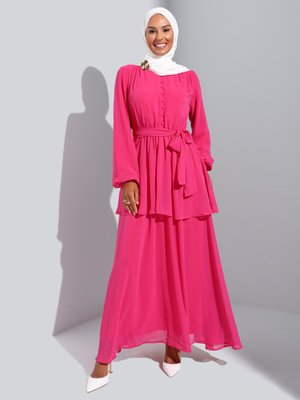 Fuşya Brit Detaylı Kat Kat Şifon Elbise Fuşya Brit Detaylı Kat Kat Şifon Elbise