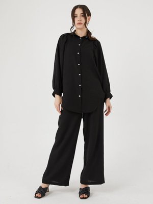 Siyah Gömlek Yaka Kol Pileli Düğmeli İkili Keten Takım