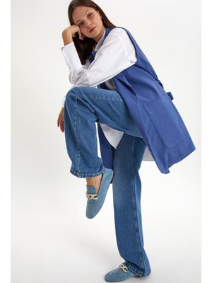 Mavi Pamuklu Ceket Yakalı Kuşaklı Uzun Yelek