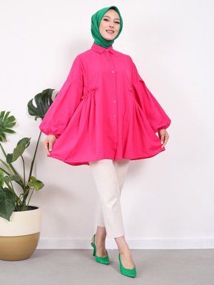 Fuşya Kolları Pileli Önü Fırfırlı Tunik