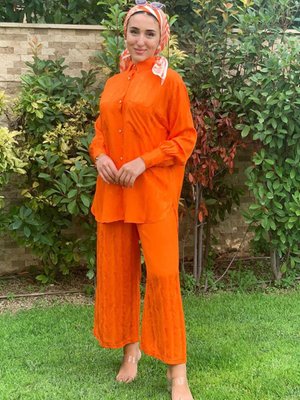 Turuncu Cepli Saten İkili Takım