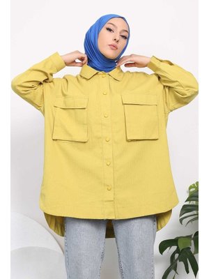 Yağ Yeşili Yırtmaçlı Cepli Keten Ceket