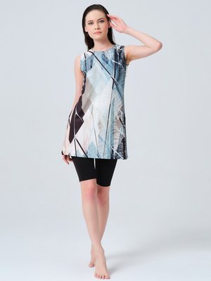 Mavi Desenli Sıfır Kol Yarı Kapalı Mayo