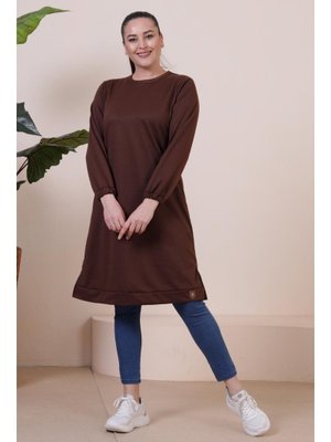 Kahverengi Büyük Beden İki İplik Penye Uzun Tunik