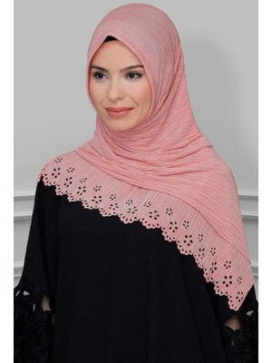 Pembe Pratik Hazır Geçmeli Eşarp Fukuro Piliseli Çiçek Desenli Lazer Kesim