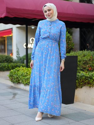 Bebe Mavisi Çiçek Desenli Beli Lastikli Elbise