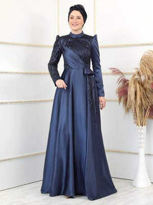 Lacivert Nehir Abiye Elbise