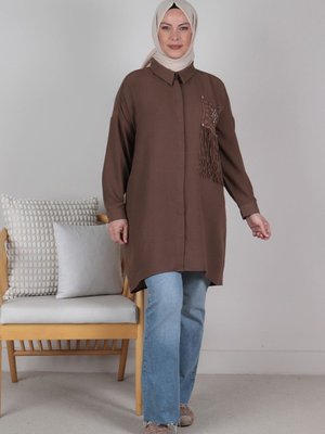 Kahve Büyük Beden Güpür Detaylı İşlemeli Tunik