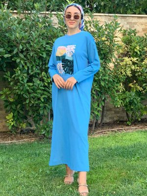 Mavi Pul İşlemeli T Shirt Elbise