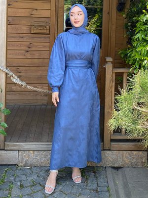 Jakarlı Abiye Elbise Dark İndigo