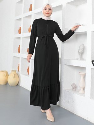 Siyah Fermuarlı Kuşaklı Ferace