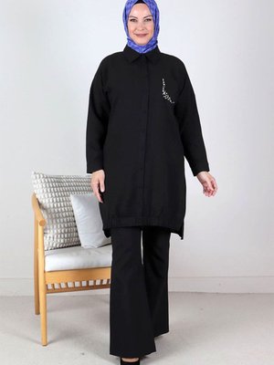 Siyah Büyük Beden Taş İşlemeli Keten Aerobin Tunik