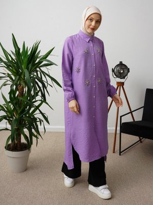 Lila İnci Detaylı Uzun Tunik